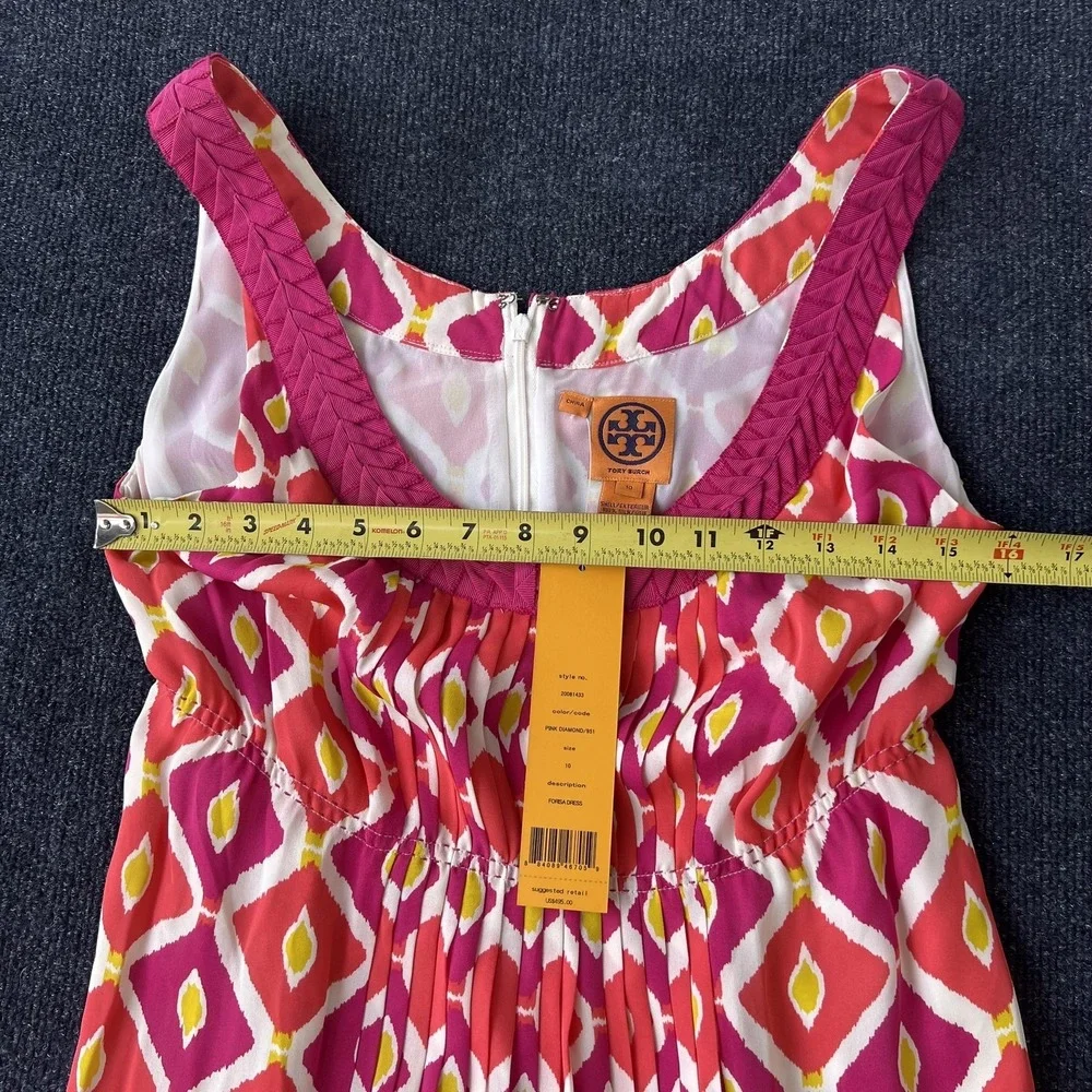 Tory Burch Dress Womens 10 Pink‎ Diamond 981 Fiora Sleeveless Pleated Ikat Lined